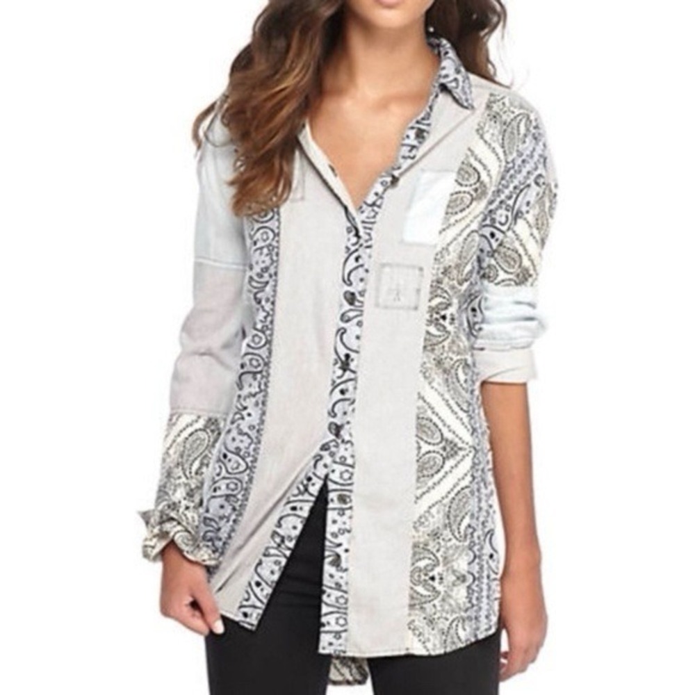 Free People Sz S Boho Shirt Cream Patched Oversize ButtonDown Top Blouse Paisley